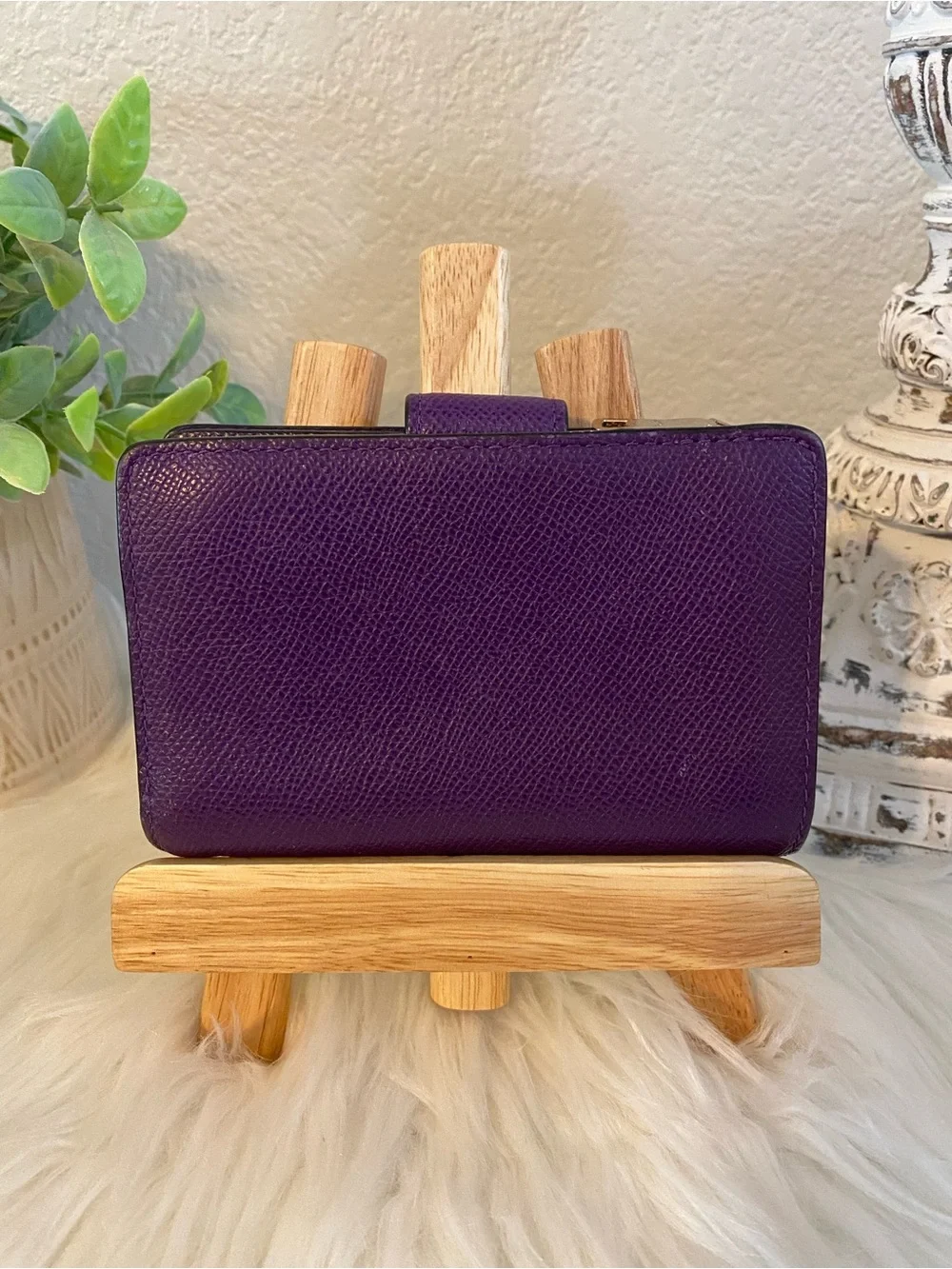 Coach Eggplant Purple Leather Snap-Closure Wallet with Gold Logo